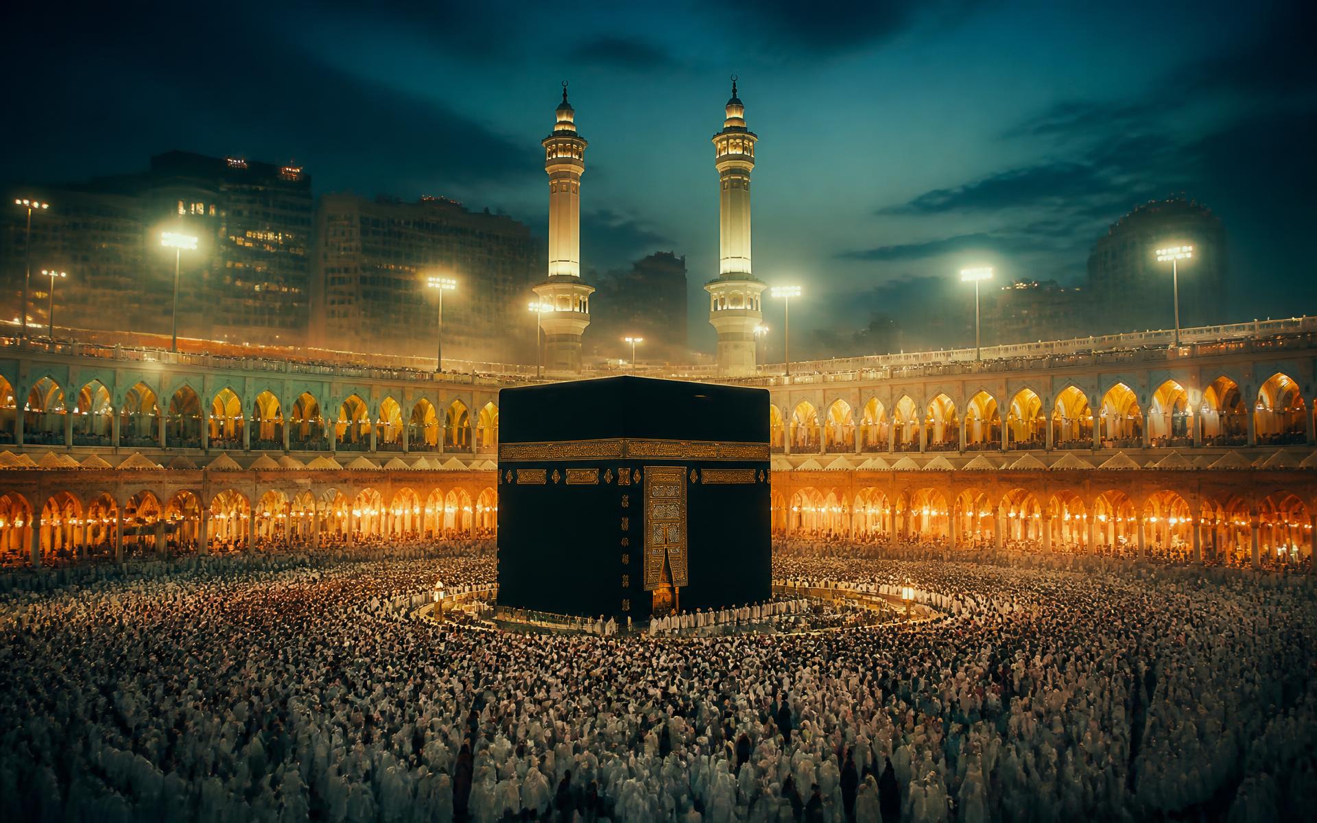 Suasana Kabah di Masjidil Haram saat malam dipenuhi jamaah berihram
